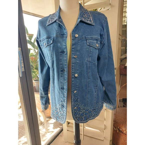 Quacker Factory Blue Bling Embellished Rhinestone Studded Denim Jean Jacket sz S - Picture 12 of 14